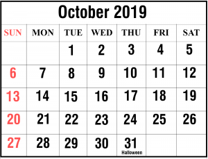 October 2019 Calendar Editable