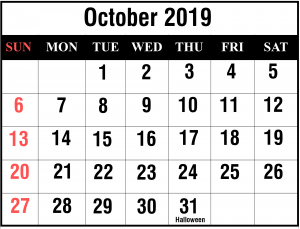 October 2019 Calendar Word Templates