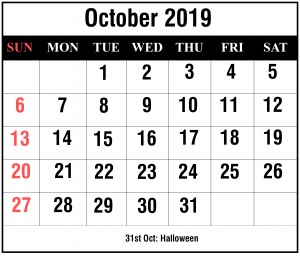 October 2019 Calendar PDF Free
