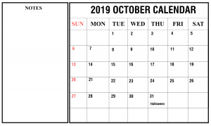 Editable October A4 2019 Calendar Free