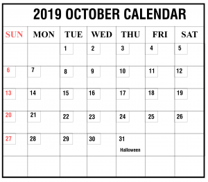 October A4 Calendar 2019 Template