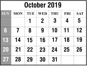 October A4 Calendar 2019 Template