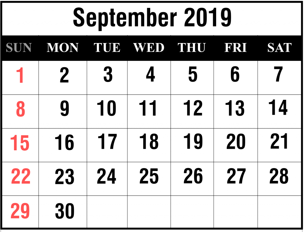 Free September Printable Calendar 2019