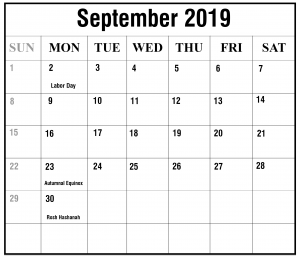 2019 September Excel Calendar Template