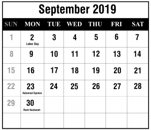 September Printable Calendar 2019
