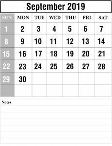 2019 September Blank Calendar Template