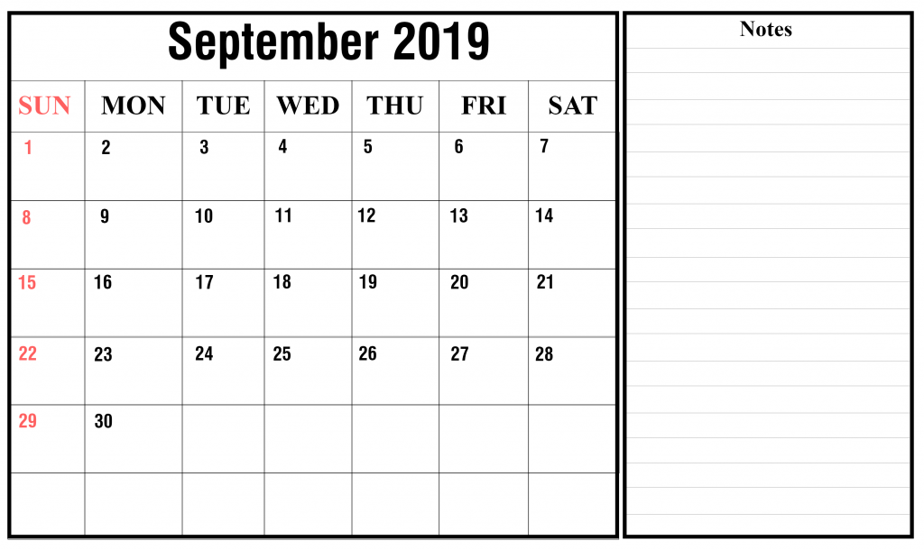 September 2019 Portrait Calendar Template