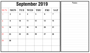 Free September A4 Printable Calendar 2019