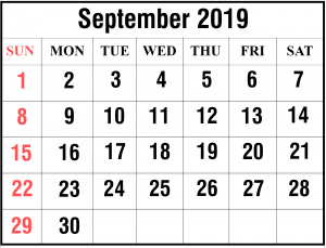 September A4 Calendar 2019 Portrait Template
