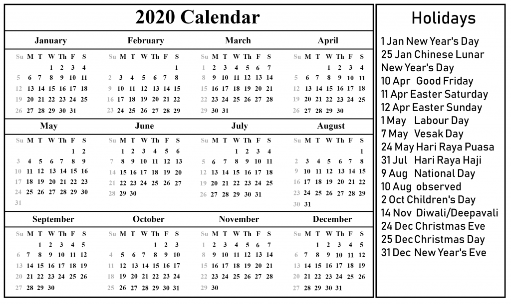 Printable Calendar 2020 with Singapore Holidays