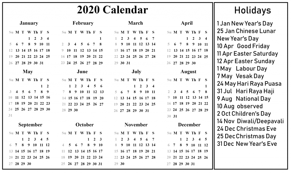 Singapore 2020 Printable Calendar