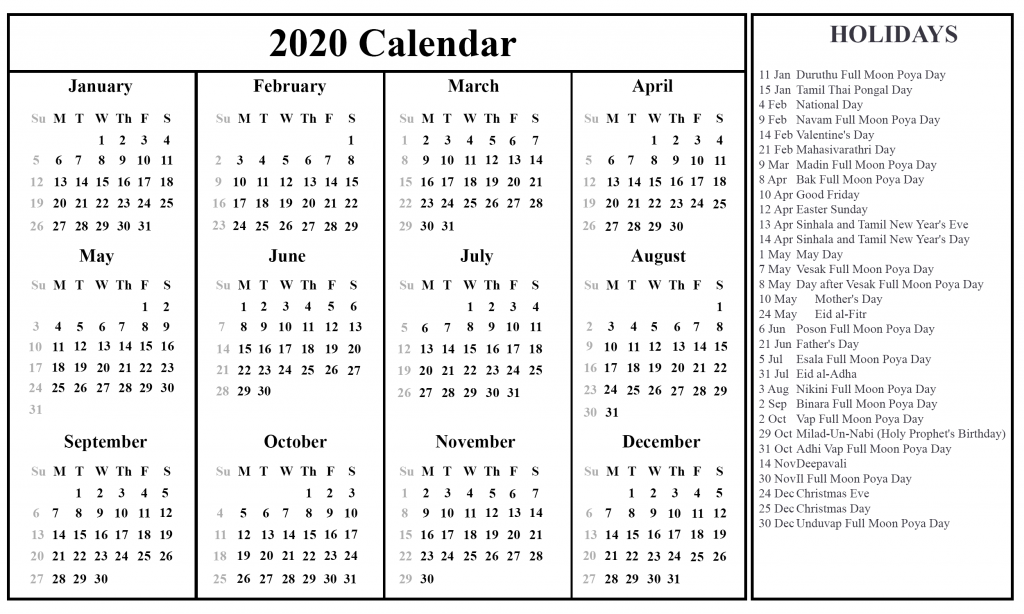 Sri Lanka Calendar 2020 Printable