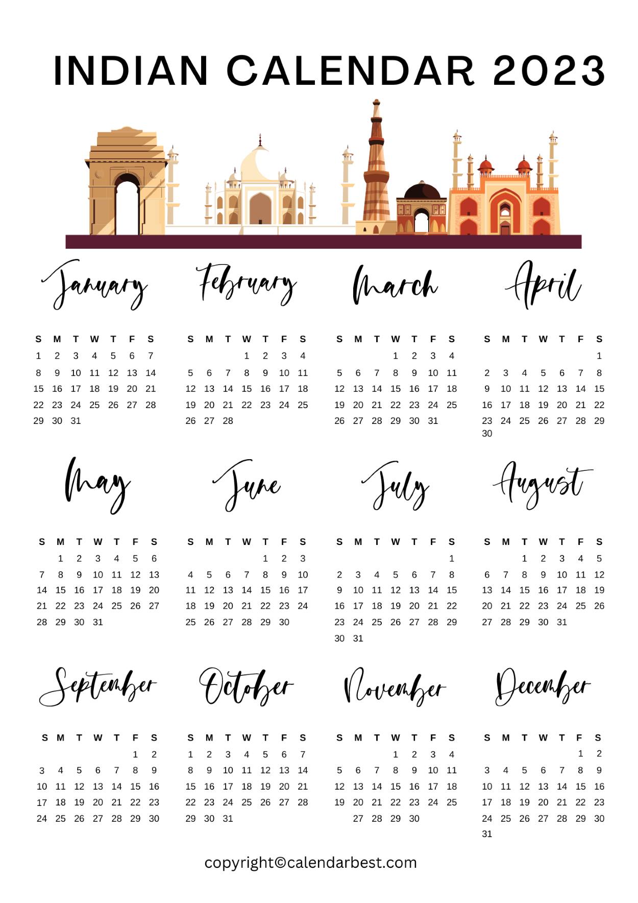 Free Indian 2023 Calendar Printable