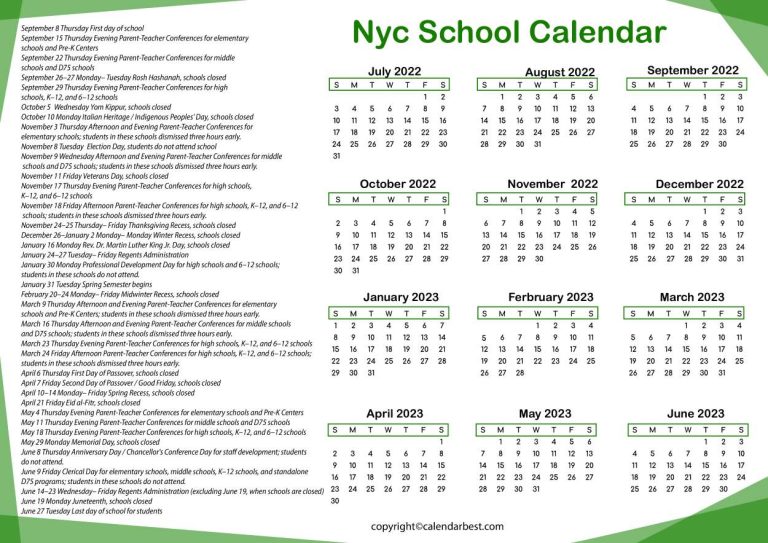 Free Printable NYC School Calendar 2023 Template in PDF