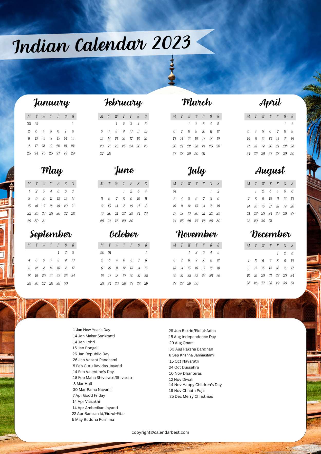 Indian Calendar 2023 Printable