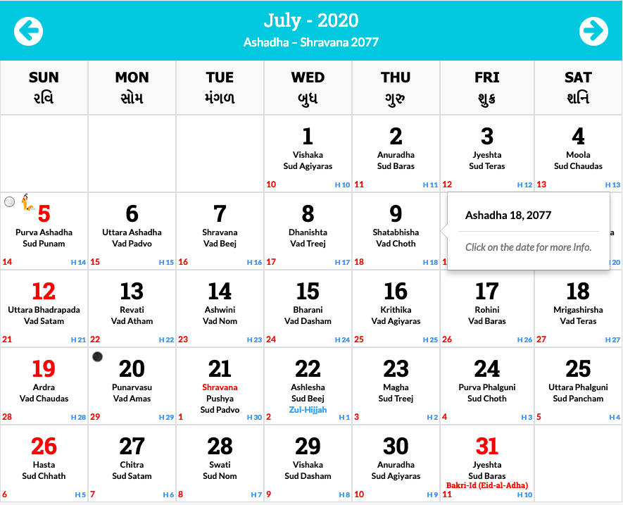 July 2020 Hindu Calendar