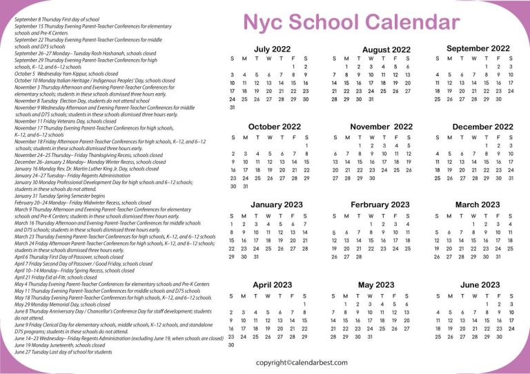 Free Printable NYC School Calendar 2023 Template in PDF