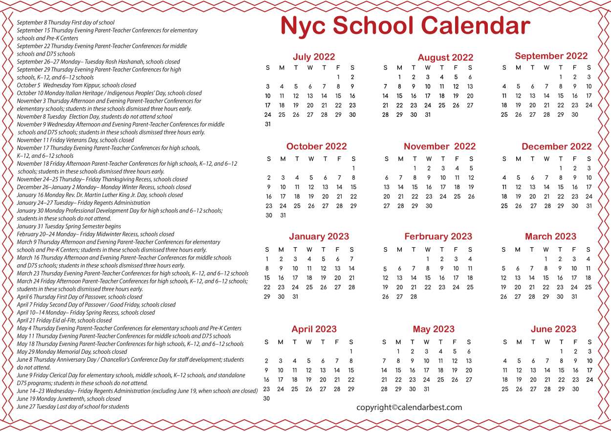 Nyc School Calendar Free Printable