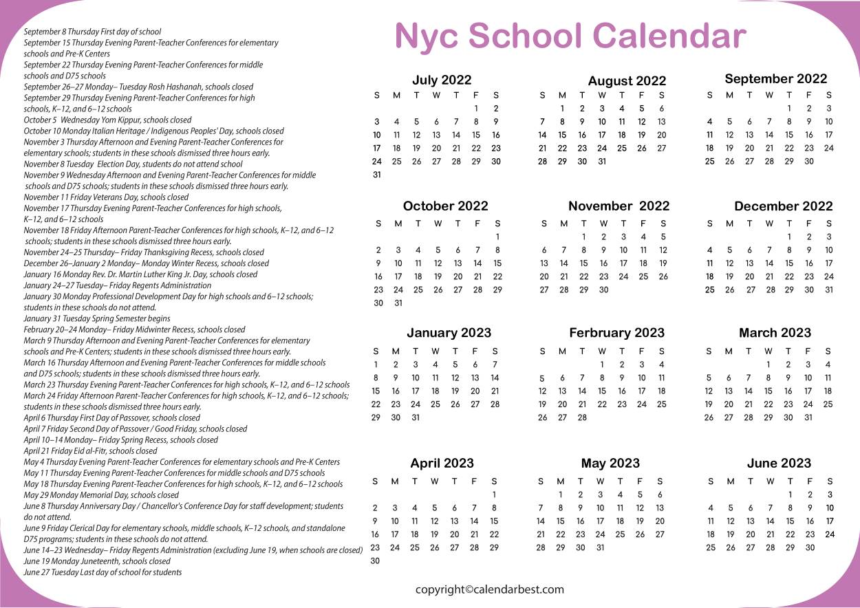 Printable NYC School Calendar 2023 Free Printable Calendar 2023
