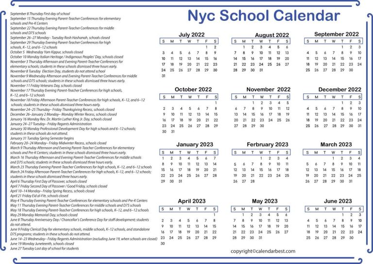 Free Printable NYC School Calendar 2023 Template in PDF