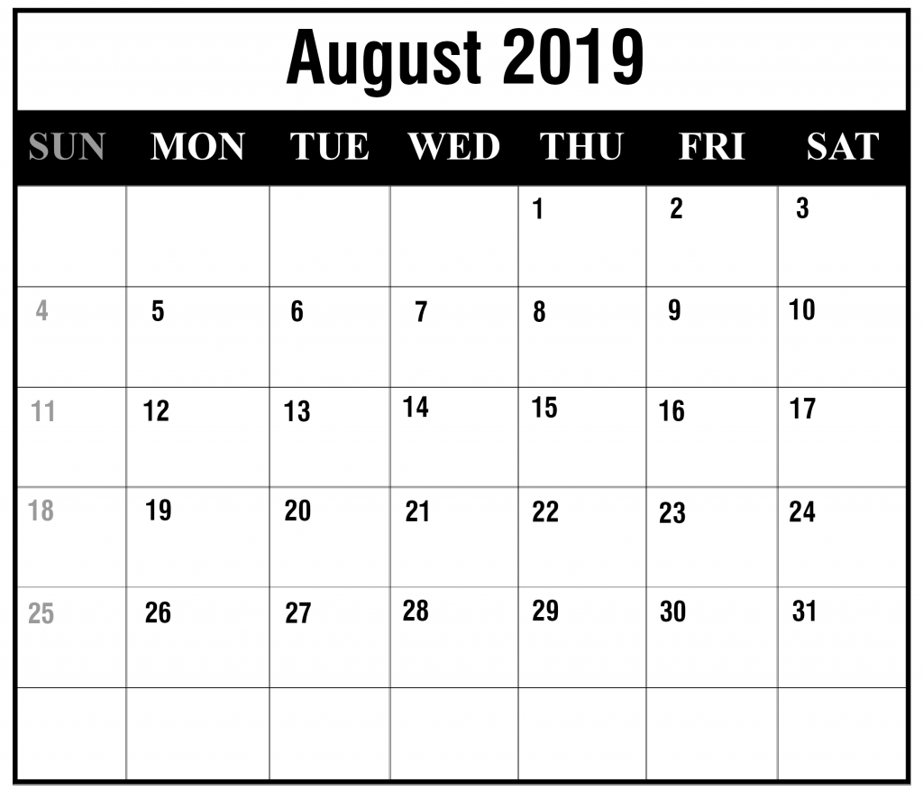 Blank August 2019 Calendar Free