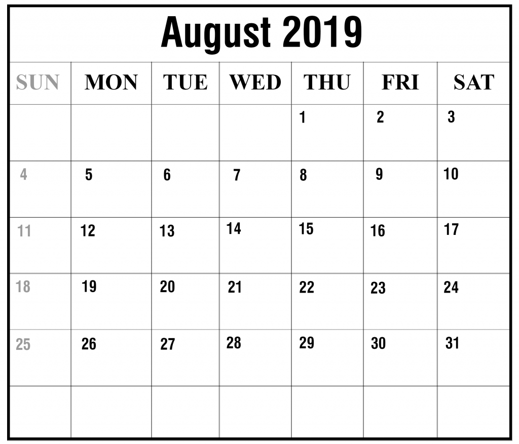 Free August 2019 Calendar With Holiday