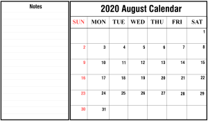 August Portrait And Landscape Calendar 2020
