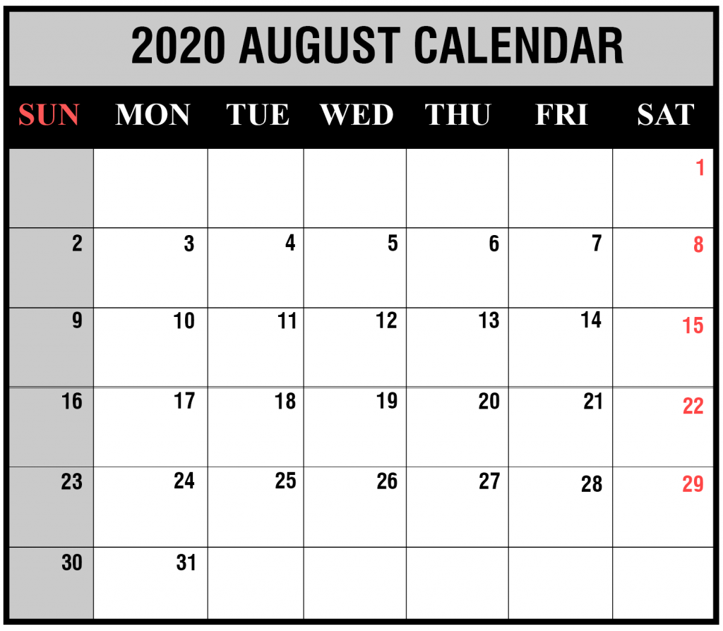 August 2020 Calendar
