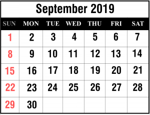 Free September Printable Calendar 2019 A4