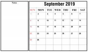 September  2019 Calendar PDF Free