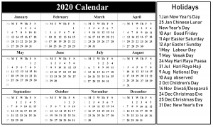 2020 YEARLY CALENDAR WITH HOLIDAYS