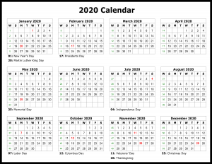 2020 Yearly Printable Calendar With Holiday