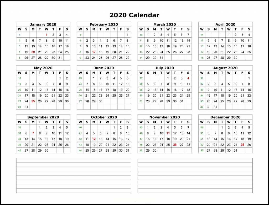 Yearly 2020 calendar word