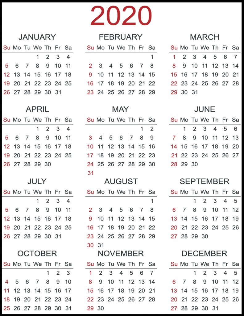 Yearly 2020 printable calendar