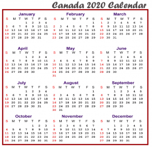 Printable Calendar 2020 with Canada Holidays