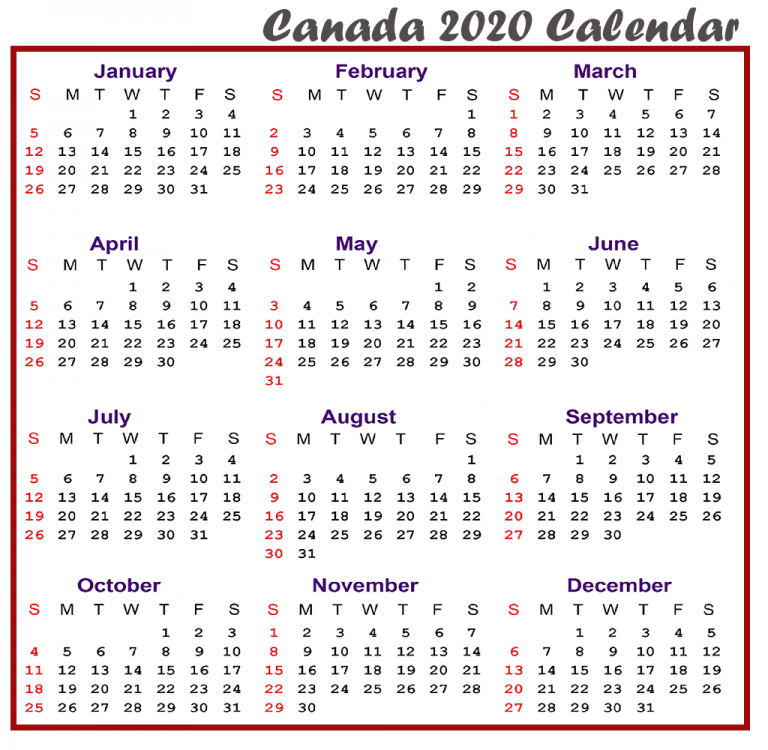 Free 2020 Printable Canada Calendar Template [PDF, Excel,Word] | Best ...
