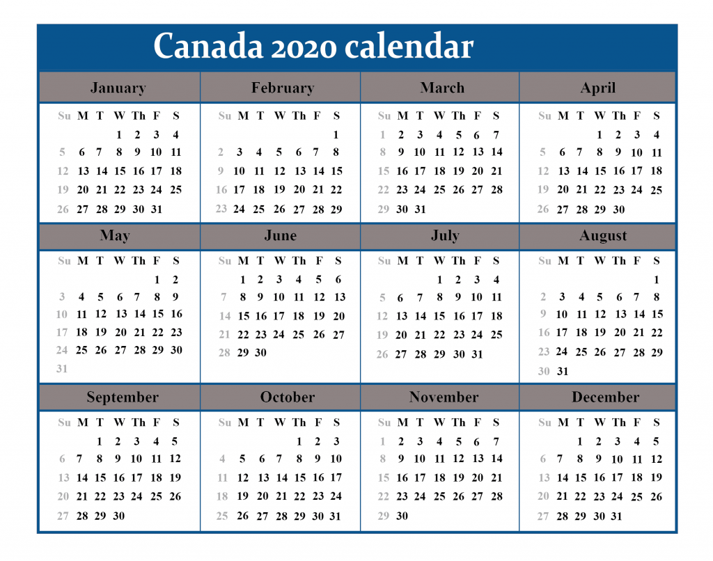 Canada 2020 Printable Calendar