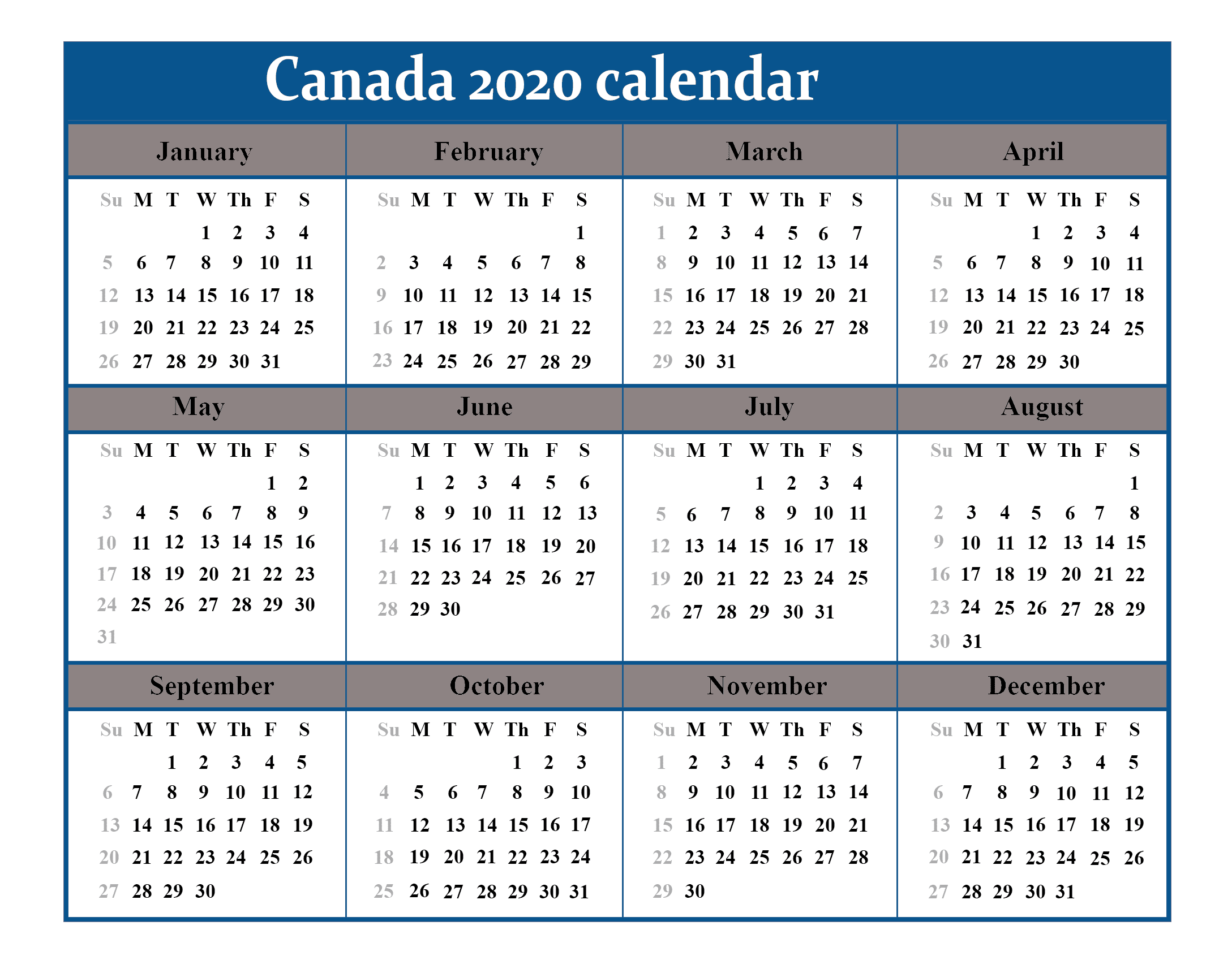 Free 2020 Printable Canada Calendar Template PDF Excel Word Best 