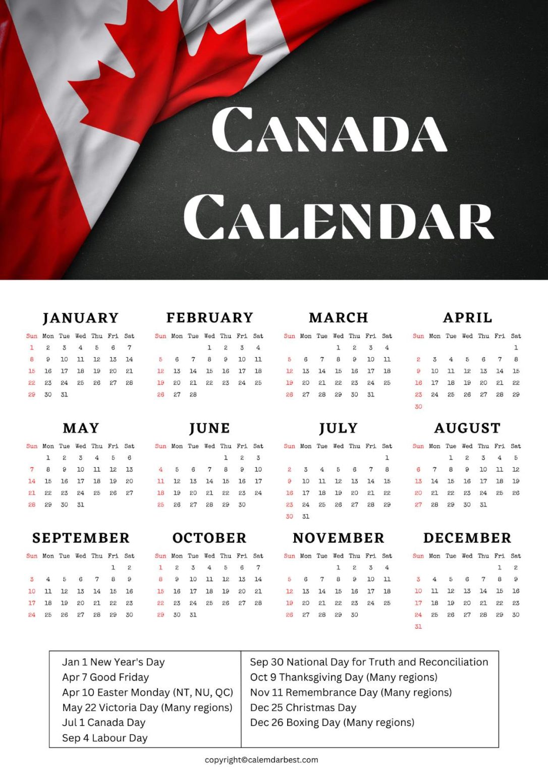 Canada Calendar 2023 With Holidays – Free Printable in PDF | Free ...