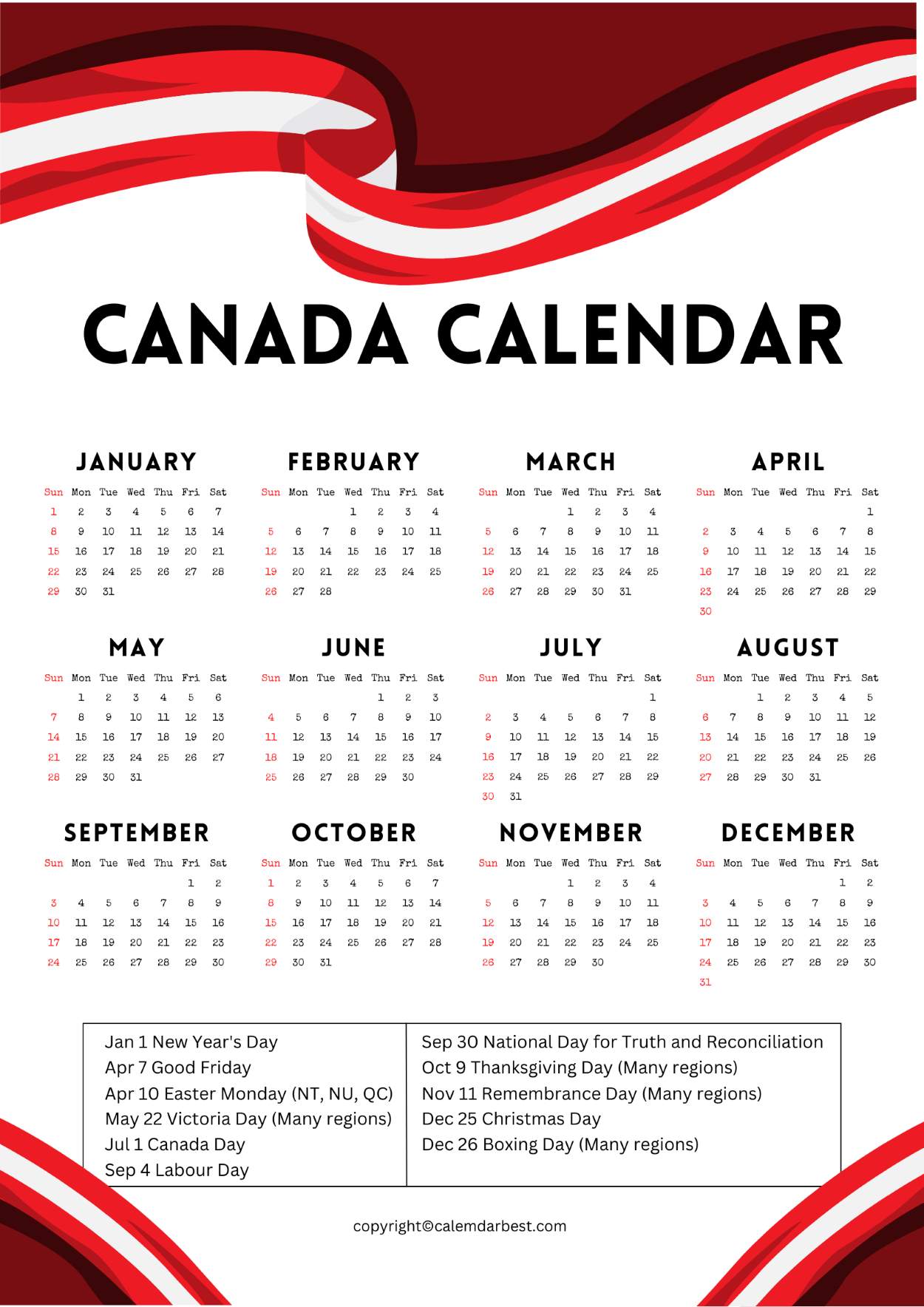 Canada Calendar 2023 Free Printable