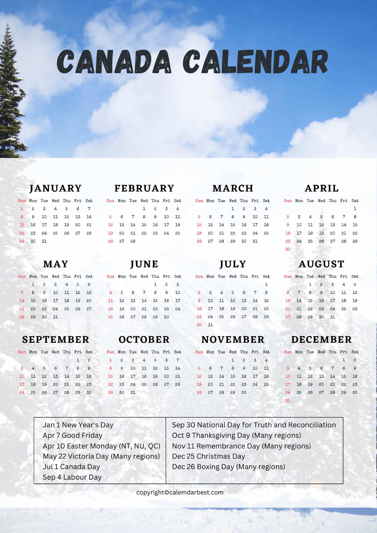Canada Calendar 2023 Printable