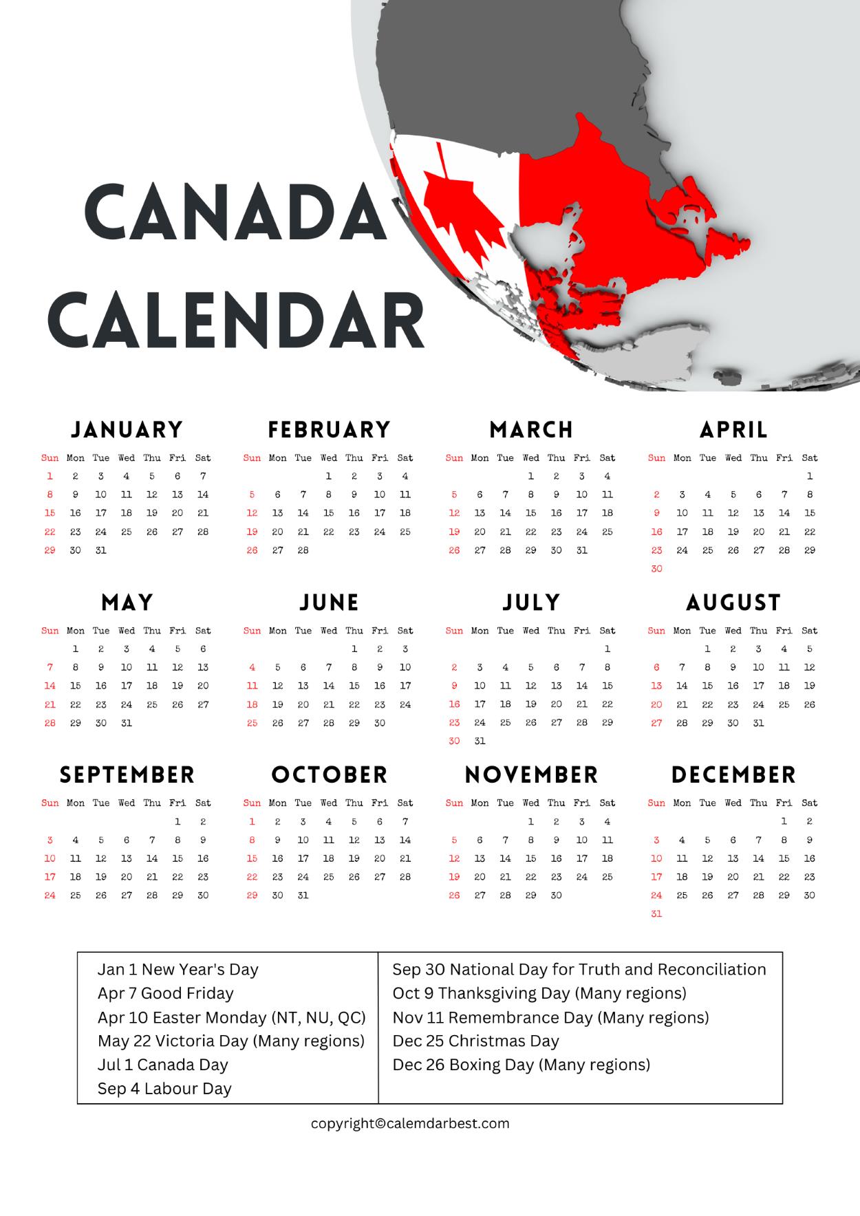 Free Canada Calendar 2023