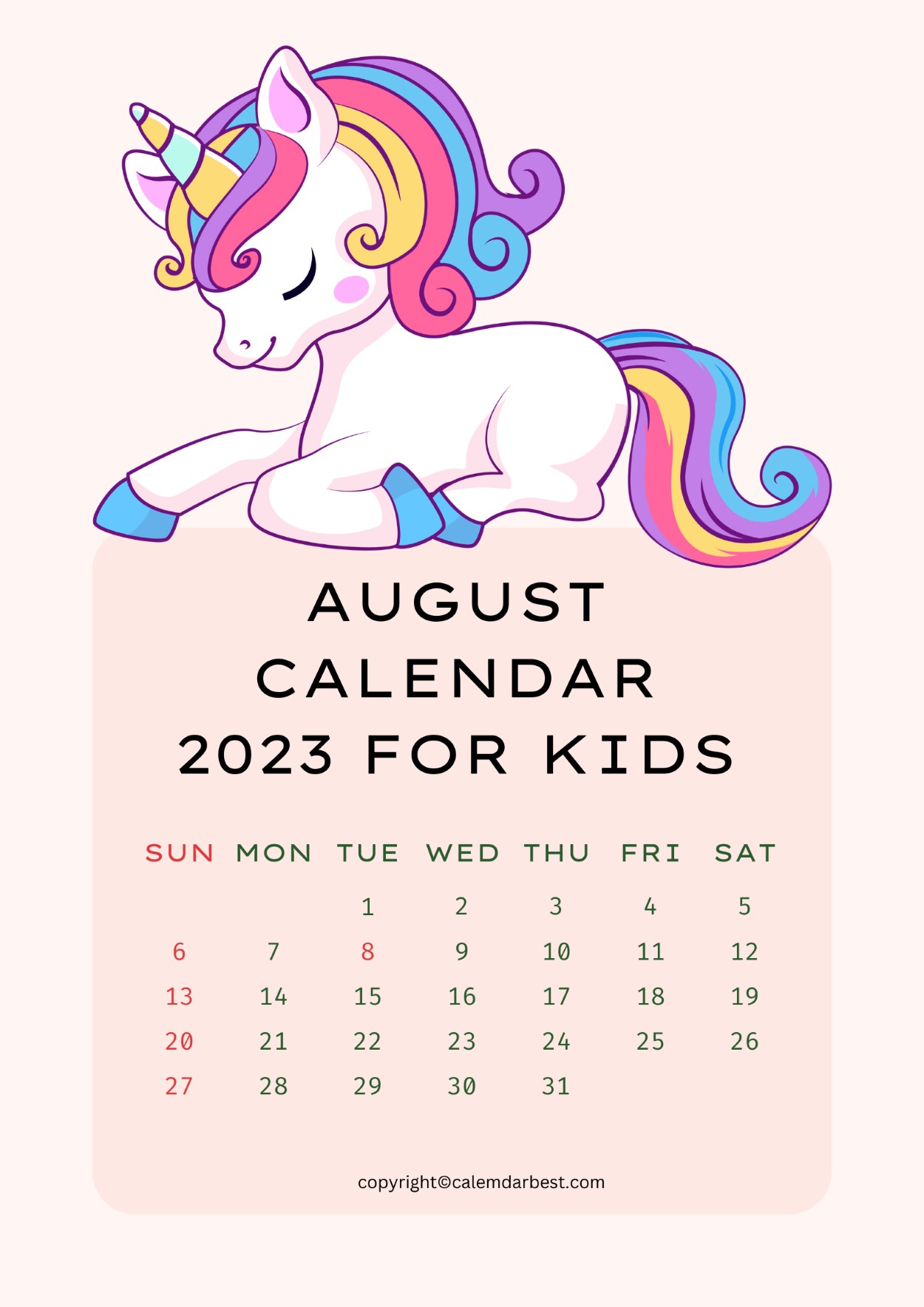 August 2023 Calendar for kids