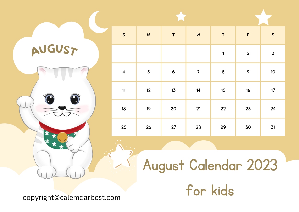 August Calendar 2023 for kids Printable