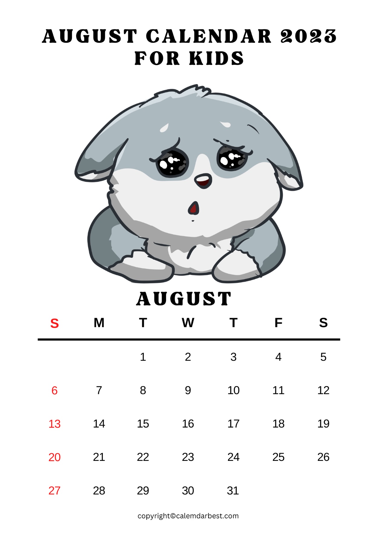 August Calendar 2023 for kids