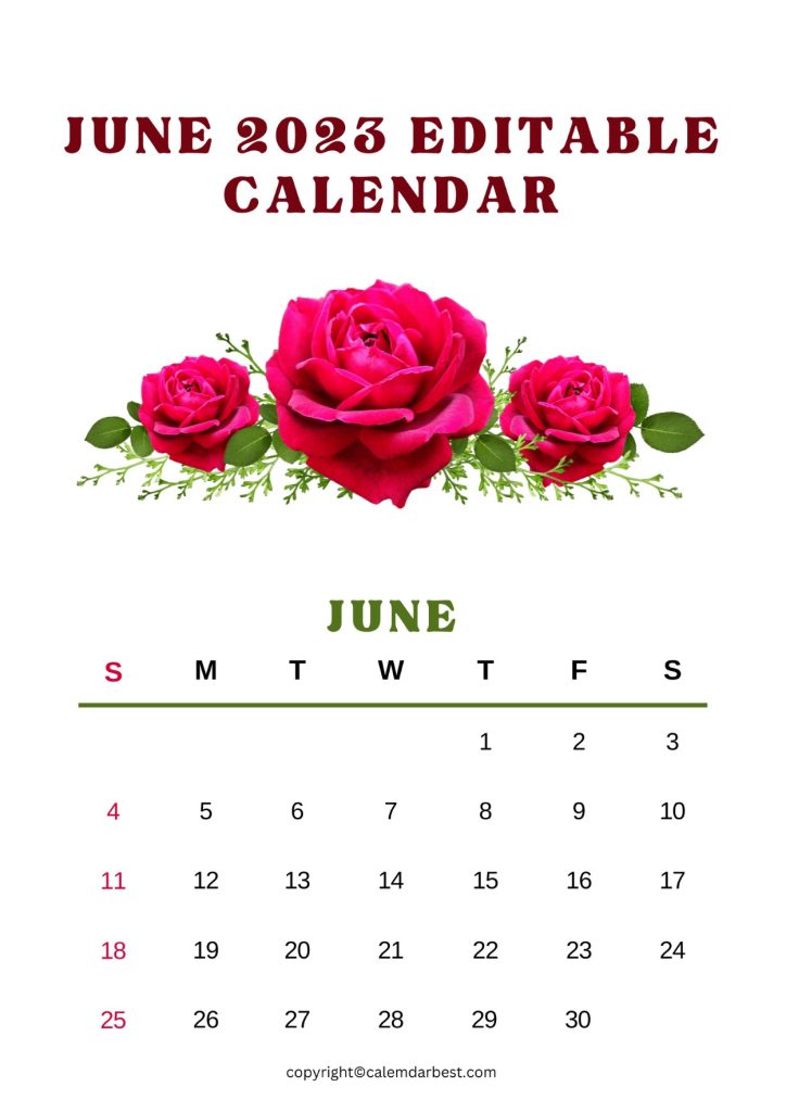 Printable June 2023 Editable Calendar Template In Pdf