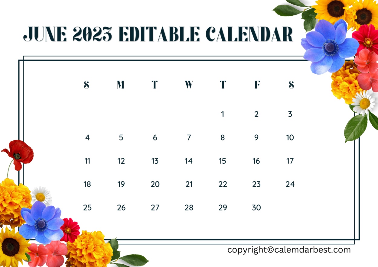 June Calendar 2023 Editable