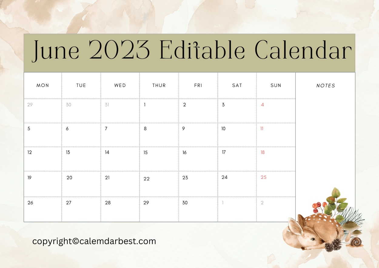 June Editable 2023 Calendar