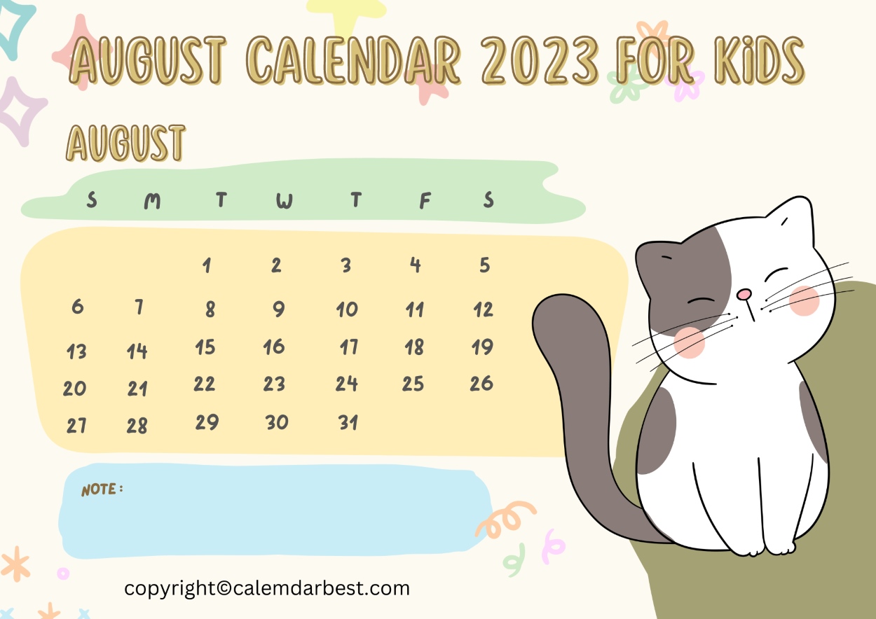 Printable August Calendar 2023 for kids