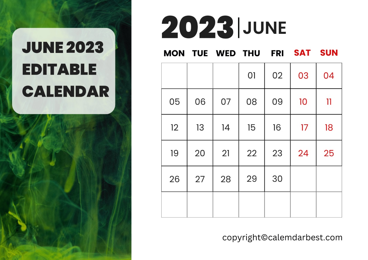 Printable June 2023 Editable Calendar